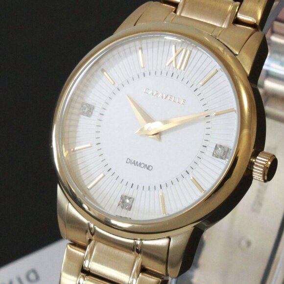 Caravelle Ladies Casual Watch By Bulova Diamond Accents Gold Tone 30mm - Picture 10 of 13